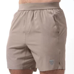 Performance Shorts - Taupe -Gym Power Wear 7 inch taupe side
