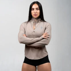 Women's Performance Quarter Zip - Taupe -Gym Power Wear womens performance 1 4 zip taupe detail