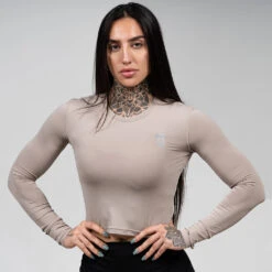 Women's Performance Long Sleeve - Taupe -Gym Power Wear womens performance long sleeve taupe detail